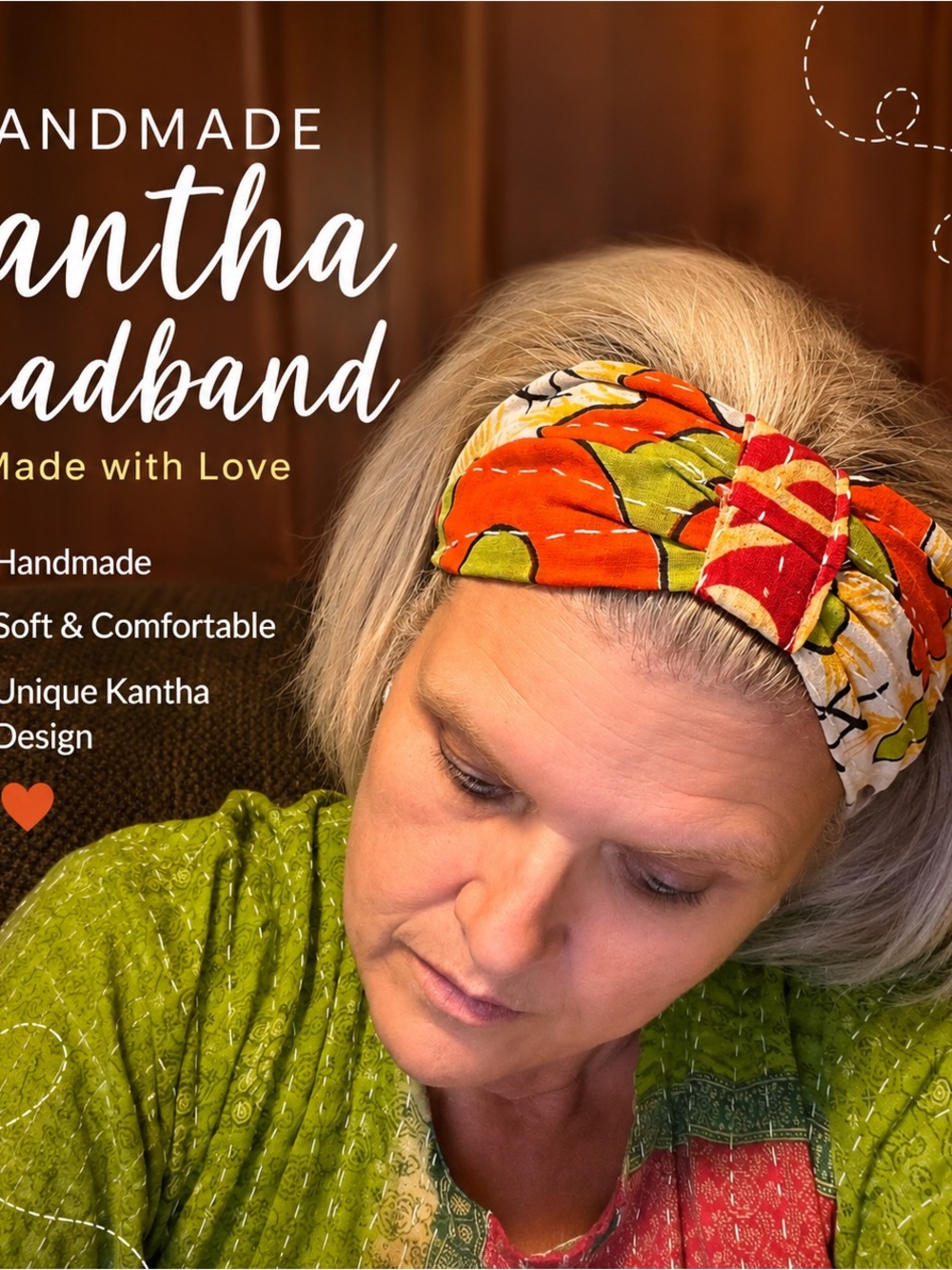 Handmade Kantha Headband Orange & Green - Women's Hair Accessory-Made in India